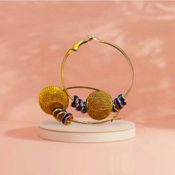 Gold Plated Handcrafted Ball Drop Hoops & Sapphire Imitation Crystal - Picture 4 of 6